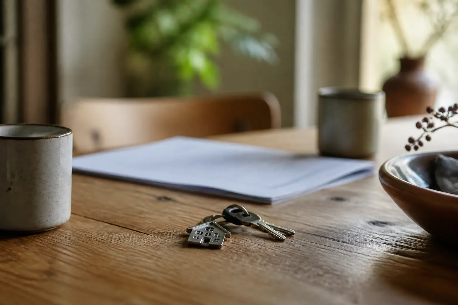 Huissleutels en twee koffiekoppen op een houten keukentafel